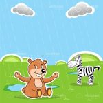 Illustrated Teddy Bear and Zebra on a Rainy Green Field